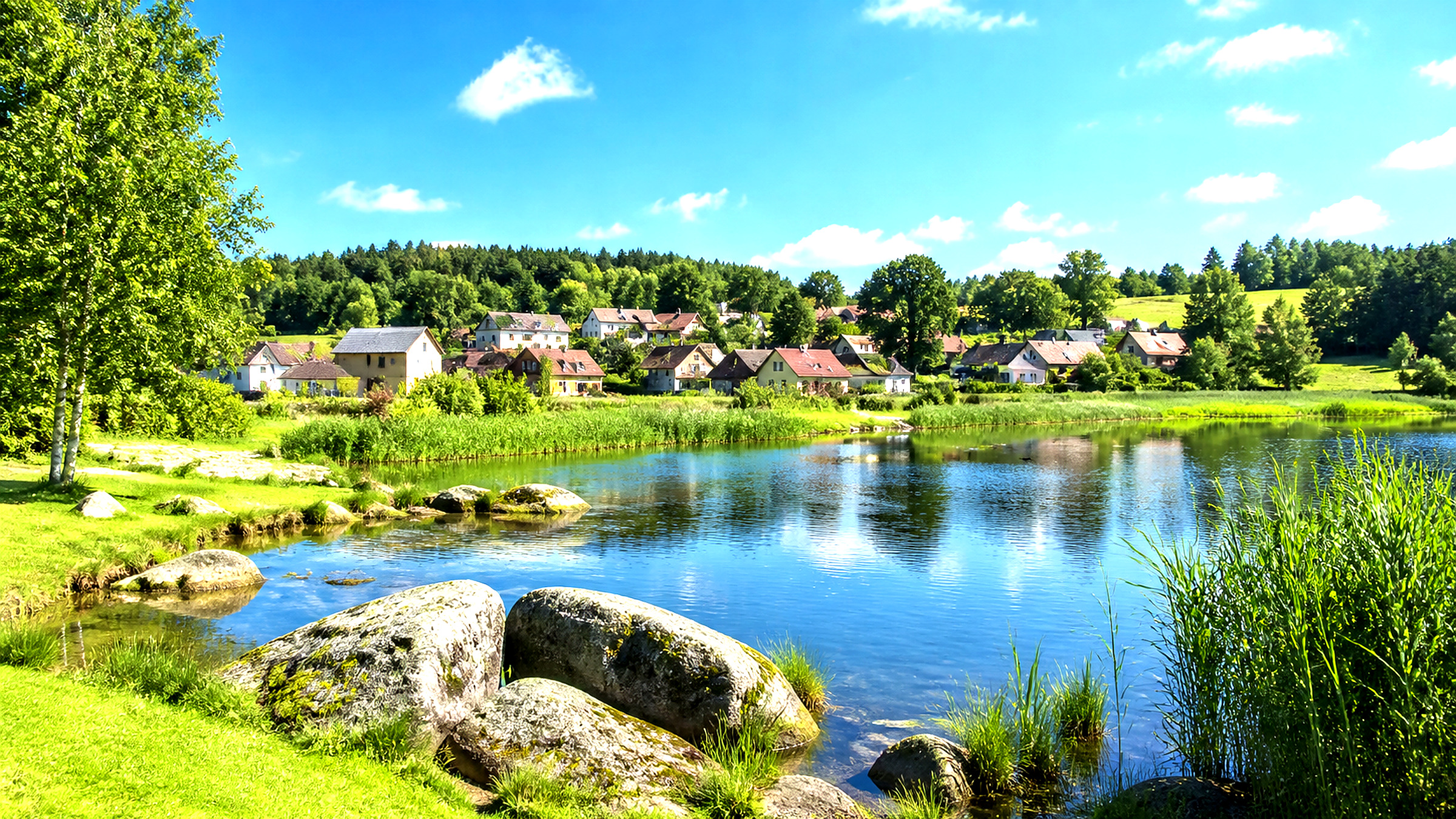 Waldviertler Kulturlandschaft mit Teich, Granit und naher Ortschaft